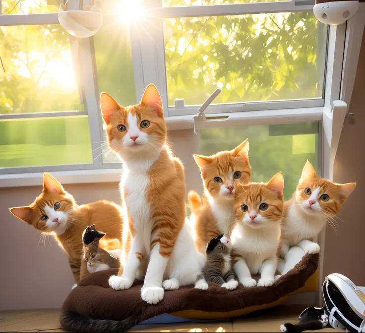 5 cats are sitting on the cat bed in front of the window, high-level image quality, Cat by her side, Intense sunlight, Baby on her lap, Family portrait, afternoon hangout, all looking at camera, Kittens, Cats, imagem hiperrealista, vacation photo, with cat...