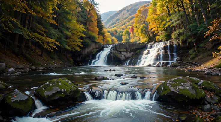 View of mountain river with cascade of autumn forest waterfalls