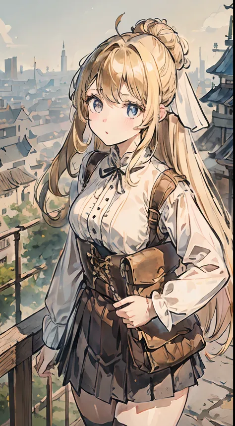 girl with、blondehair、Long　hair、Surprised、White Volume Sleeve Blouse、Black pleated skirt、Brown corset、small tits、tights、lowfers、Preppy、Small pouch、Bunching hair、Turning around、Medieval cityscape、