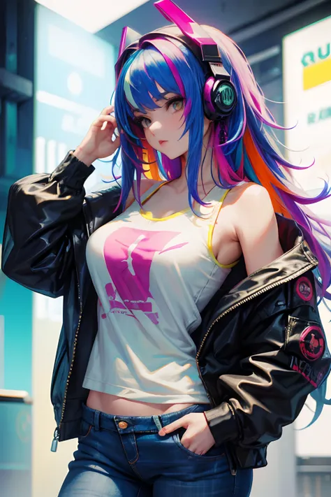 Hermosas mujeres cyberpunk, chica jugadora sexy, con auriculares, Design tank top with logos, jeans, chaqueta deportiva fresca, Long wild hair dyed multi-colored,