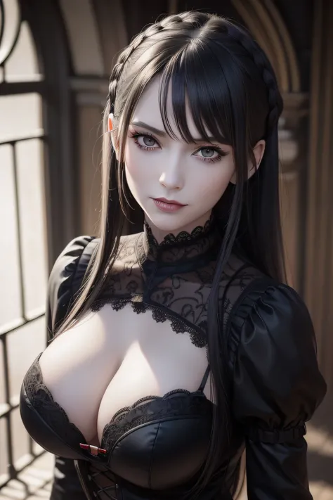 absurderes, masutepiece, Best Quality, nffsw, 1girl in, Mature Woman, (Sharp Focus), The villains grin, medium breasts, (Long Black Hair), (grey  eyes), (Detailed eyes), Gothic lace costumes, Black and Red theme, Realism, Black_castle, Ultra-detailed, Vivi...