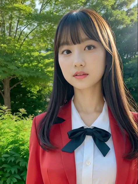 Japan school uniform, a closeup, wide angles, low angles, peitos fartos, Brown hair, looking at the viewers, portlate, 耳Nipple Ring, ear phone, hi-school girl, Fabric Pleated Skirt, neck tie, Black Suit, Red suit, a sailor suit, Posing Black Eye, Red_Lips,...