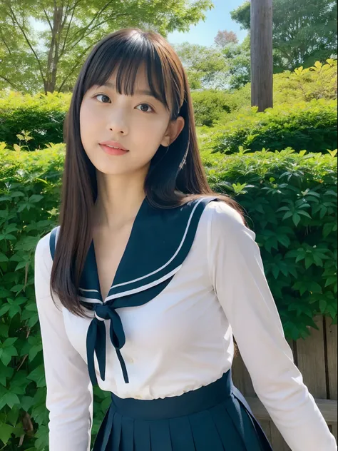 Japan school uniform, a closeup, wide angles, low angles, peitos fartos, Brown hair, looking at the viewers, portlate, 耳Nipple Ring, ear phone, hi-school girl, Fabric Pleated Skirt, neck tie, Black Suit, Red suit, a sailor suit, Posing Black Eye, Red_Lips,...