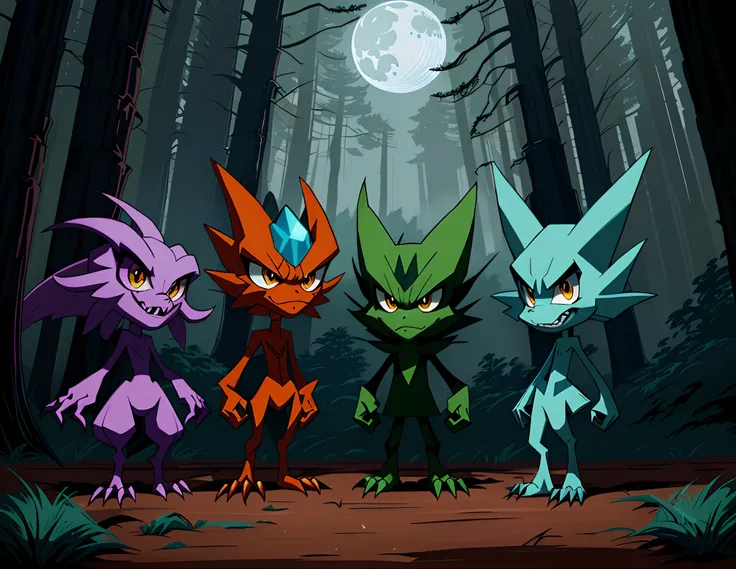 three cartoon monsters standing in a forest with trees and a moon, is evil gremlin, childrens art in artstation, 3 d render stylized, goblins, scary creatures, scary creatures in background, monster character design, portrait of daemons, cute monster chara...