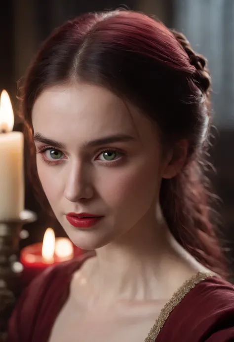 (((A deep red wound streaked across her left cheek))) Fair complexion, A woman around 19 years old, Natural gray hair, Unique green eyes, Wear Cole, Slender and graceful, Beautiful, Candlelight in a medieval setting, super sharp focus, realistic lens, Medi...