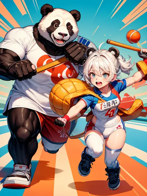 Olympic mascot, one male, one female, cartoon cute, full of energy, holding sports equipment, giant panda, Chinese dragon pattern on clothes, competitive sports, 4k