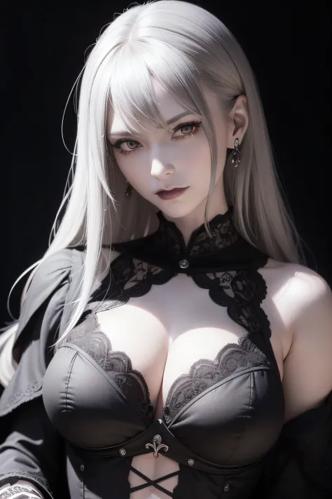 absurderes, masutepiece, Best Quality, nffsw, 1girl in, Mature Woman, (Sharp Focus), Villains smile, medium breasts, (Long black background Hair), (grey  eyes), (Detailed eyes), Gothic lace costumes, White and Red theme, Realism, Black_castle, Ultra-detail...