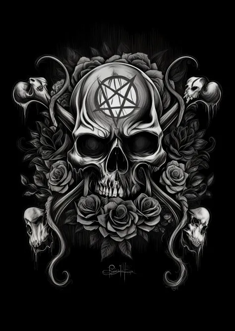 A black and white drawing of a skull with roses and a pentagram, arte escura altamente detalhada, - Estilo Arte Escura, Arte oculta, arte sombria, gothic art style, Arte digital escura, mas detalhada, occult inspired, adorned with demon skulls, skull desig...