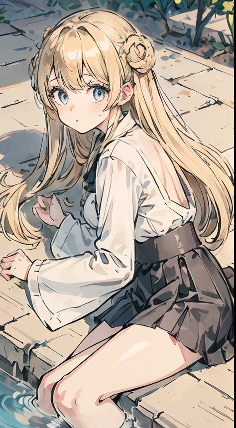 girl with、blondehair、Long　hair、Surprised、White Volume Sleeve Blouse、Black pleated skirt、tights、lowfers、Preppy、Small pouch、Bunching hair、waterface、laying on back、Medieval cityscape、