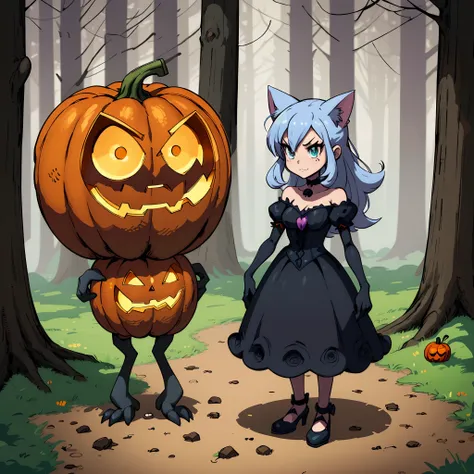 there is a cartoon picture of a cat and a pumpkin, halloween art style, in a spooky forest, halloween atmosphere, trick or treat, in a halloween style, 🍂 cute, halloween scene, commission for high res, halloween celebration, lovely dark autumn princess, lo...