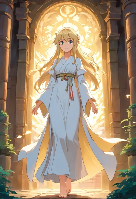 White dress blonde long hair anime girl,Robe, , detailed long blond hair, long hair girl, A flowing robe, cabellos largos dorados, long and flowing hair, Long flowing hair, Anime girl with long hair, Flowing white robe，Elves，elvish ears，Ancient architectur...