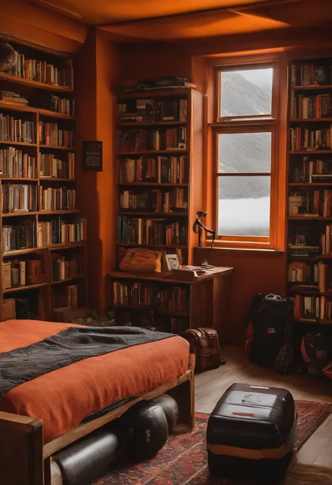 The rooms are neatly arranged with ski equipment，parachutes，Skateboarding gear，Roller skating equipment，Skating gear，Surf gear，The bookcase is full of books，On the walls are landscape travel photos