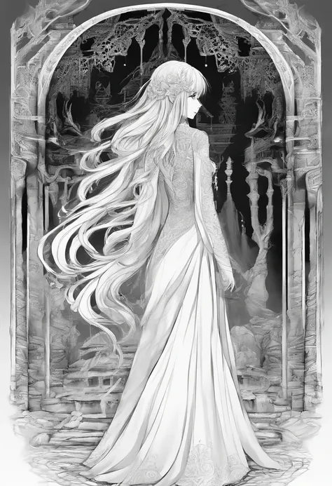 White dress blonde long hair anime girl,Robe, , detailed long blond hair, long hair girl, A flowing robe, cabellos largos dorados, long and flowing hair, Long flowing hair, Anime girl with long hair, Flowing white robe，Elves，elvish ears，Ancient architectur...