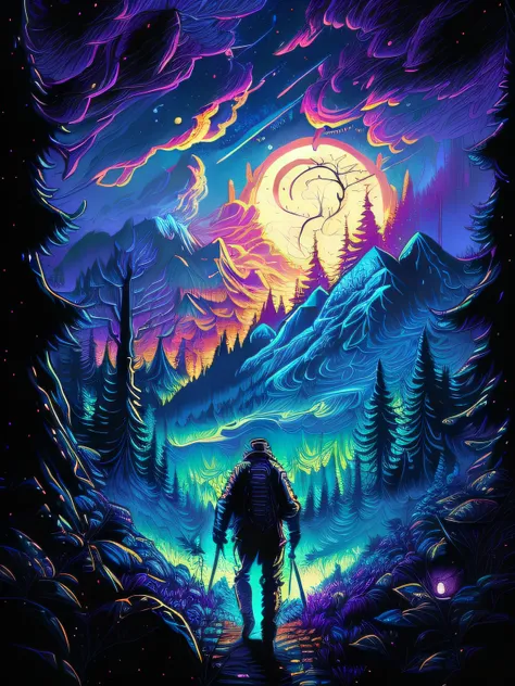 Poster of a man walking through the forest at night, inspired by Dan Mumford, Dan Mumfords art style, in the style dan mumford artwork, dan mumford paint, anton fadeev and dan mumford, lonely astronaut, kilian eng vibrant colours, painting by dan mumford, ...