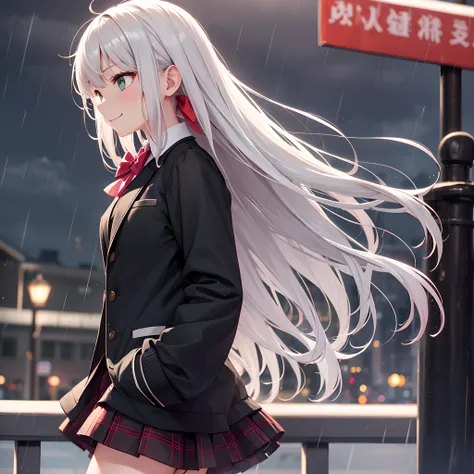 1girl, bangs, black jacket, blush, bow, bowtie, closed mouth, collared shirt, dress, from side, green eyes, grey hair, hair ribbon, hand in pocket, hand up, jacket, lamppost, long hair, long sleeves, night, clothes, open jacket, outdoors, plaid, profile, r...