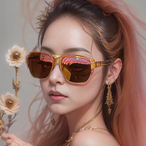 32K squats（tmasterpiece，k hd，hyper HD，32K）Burgundy pink double ponytail（（（Wear thick gold-framed reflective sunglasses））），Backstreet（（Wear thick gold-framed reflective sunglasses））Jewelry Quarter，Indigo King ，Gun mount protector （Photorealsitic：1.4），（（Wear...