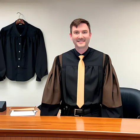 A person wearing a beige suit and holding a brown bag and standing in front of a judge and he is a lawyer and a black shirt and a black tie