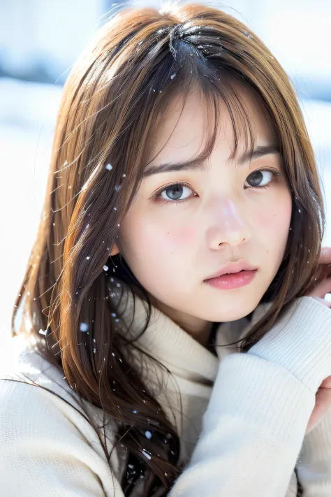 (8k, best quality, masterpiece, ultra highres:1.2) Photo of Pretty Japanese woman
 in the (style of paul rubens and rebecca guay:1.1) (melancholy winter snow:1.4)