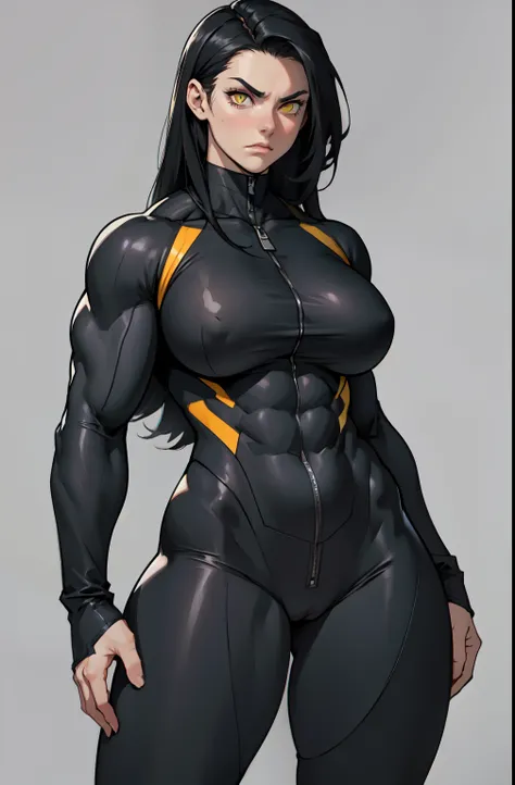 ((grey background)), solo, ((((1 girl)))), very long hair, black hair, angry, yellow eyes, (((((muscular))))), (huge tits), (thick thighs), (wide hips), pale skin, standing, slick hair, (bodysuit)