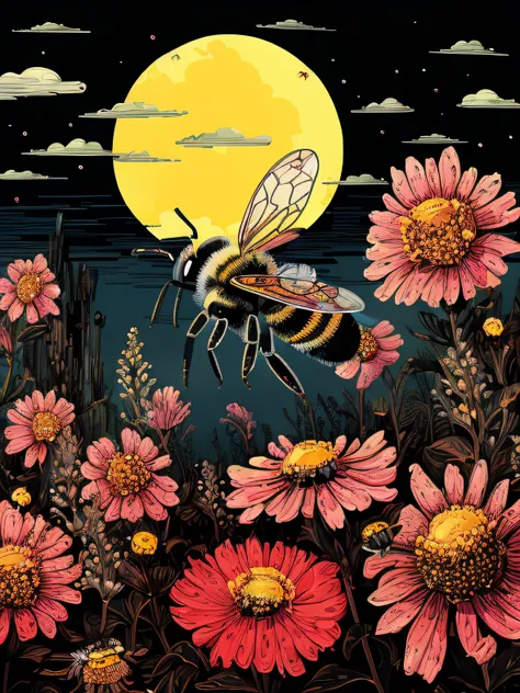 Close-up of bees flying over a field of flowers, painting big bees flying around, Made from bees, Highly detailed illustration, Bee close-up, high detail illustration, detailed digital illustration, Higher detailed illustration, Bees fly, highly detailed v...