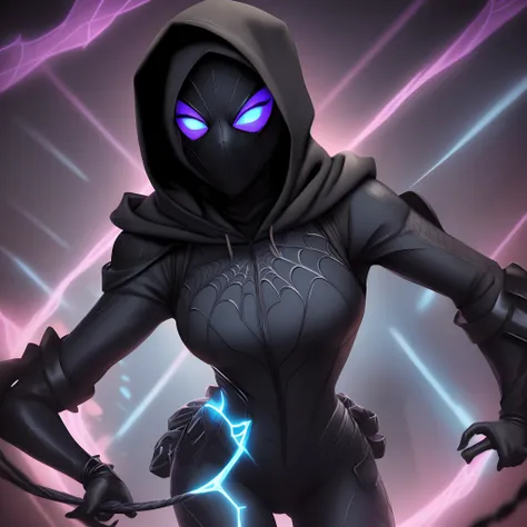 Arachna Mortis is a black teenager with a sleek, all-black costume. Her suit features a spiderweb pattern in dark gray, and her mask has hauntingly glowing blue eyes. She has a hood attached to her costume, which conceals most of her face, giving her a mys...