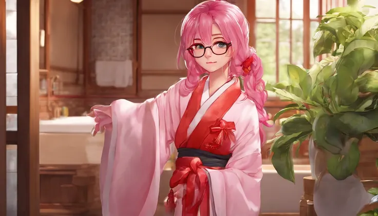 animemanga girl，Nagawa Taffy，A pink-haired，Yellow glasses，red kimono，bathrobe，candy apple