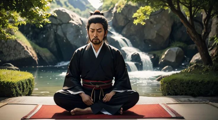 Miyamoto Musashi meditating with people around him