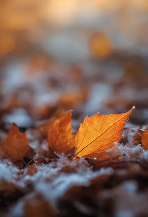 macro, autumn leaves, covered with a thin layer of frost, cinematics light, ray of light, bokeh