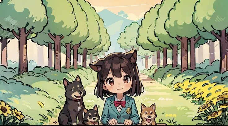 fun students、male child、girl with、a smile、dog ears、a dark-haired、green blazer、emblem、brown dog、shiba dog、nature scenery、school b...