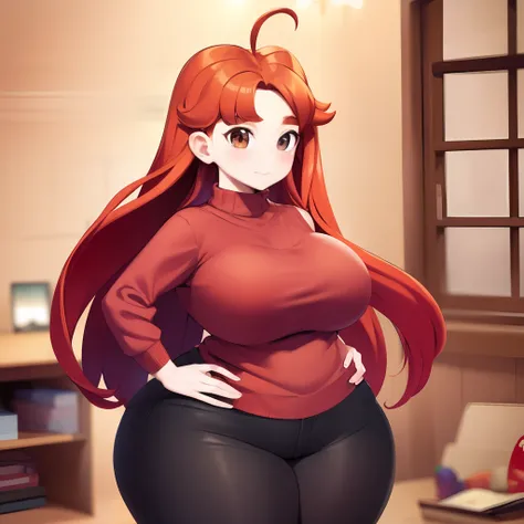 masterpiece,best quality, 1girl, long hair, orange hair, red sweater.