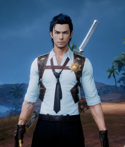 there is a man with a sword standing in a field, 8 k character details, main character, new character, male character, ingame image, full character, as a character in tekken, picture of an adult male warrior, katana zero video game character, tsurumaki kaz...