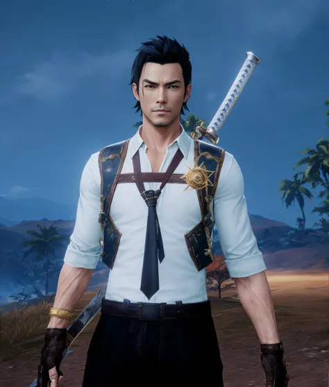 there is a man with a sword standing in a field, 8 k character details, main character, new character, male character, ingame image, full character, as a character in tekken, picture of an adult male warrior, katana zero video game character, tsurumaki kaz...