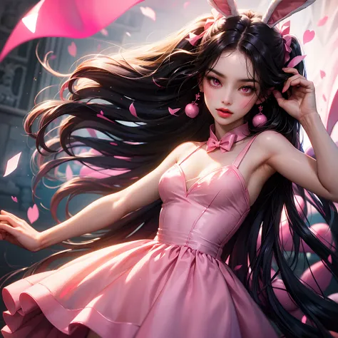 a women, pink bunny ears, black hair, pink eyes, pink dress