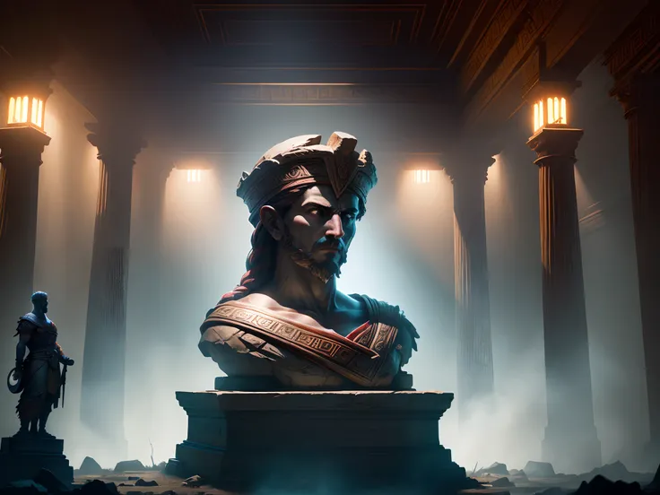 Project an inspiring 8K image capturing the intellectual depth of a prominent figure from ancient Greece in the 3rd century to.C., depicted as a statue within a scene that echoes the immersive and atmospheric style of God of War. Set the stage with the sta...