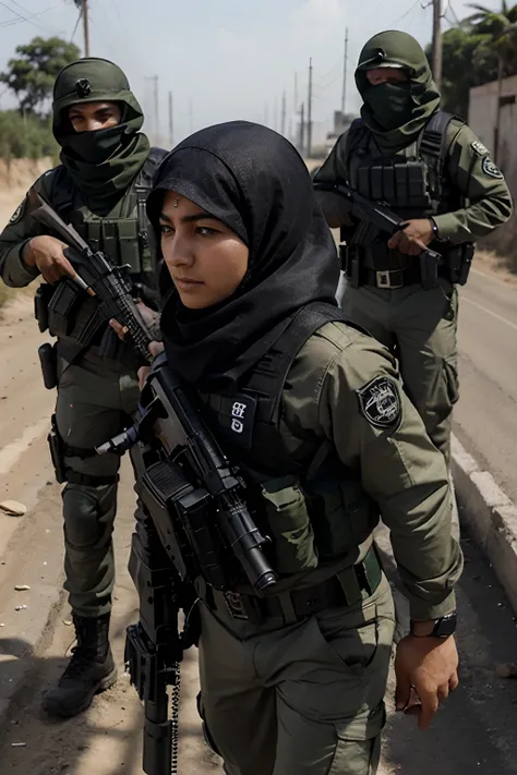 (Detailed description) (melhor qualidade) soldados do grupo hamas correndo com armas atirando