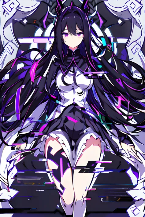 ghostrickscb,glitching, glitch,4k, vintage vhs glitch,white black gradient background,homura akemi, black dress, black angel win...