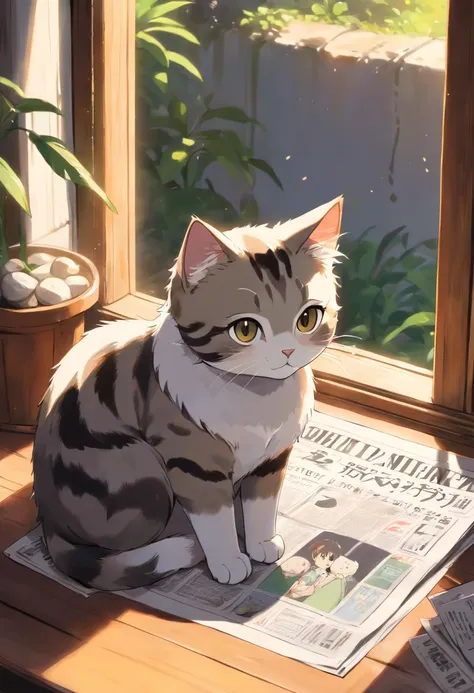 A round-eyed cute cat,Read the newspaper, Sunlight outside the window,Black and white tabby cat,Lazy,Love to be coquettish