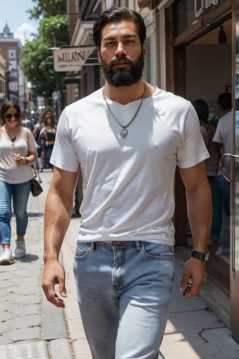 Highly detailed, High quality, Masterpiece, 1 man, robust，Tall，Walking down the street, Happy expression, Brown and black hair, Beard，(Casual wear: 1.1), White T-shirt, denim pant, Sneakers,  (Silver necklace: 1.2), People and storefronts in the background...