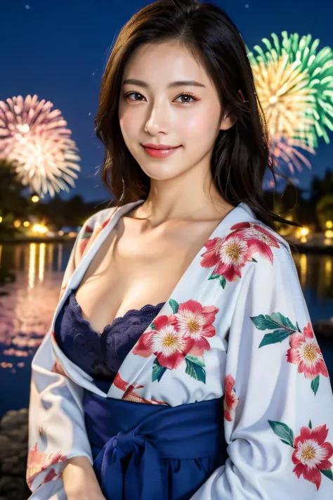 ((masterpiece, highest quality, super definition, high definition)), solo, beautiful girl, shining eyes, perfect eyes, beautiful sister of Japan, fluffy breasts, cleavage, fireworks at night in the background, high quality, 4K, floral yukata, fireworks