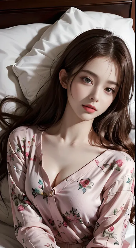 (1girl in:1.3), Cinematic Light,  (masutepiece, of the highest quality, Best Quality,  Beautiful and aesthetic:1.3), ighly detailed,highest details,(Ultra-detailed),, 
From  above,(( lying on bed)), 
Solo, breasts, Silky long hair, (Brown hair), Roses were...