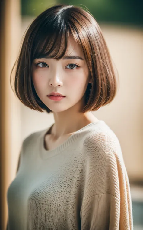 (Masterpiece:1.3), (8k, Photorealistic, RAW Photography, Best Quality: 1.4), soft light, professional lighting, 1girl, very beautiful girl, neat and clean beauty, closed mouth, serious, Brown short hair, bangs