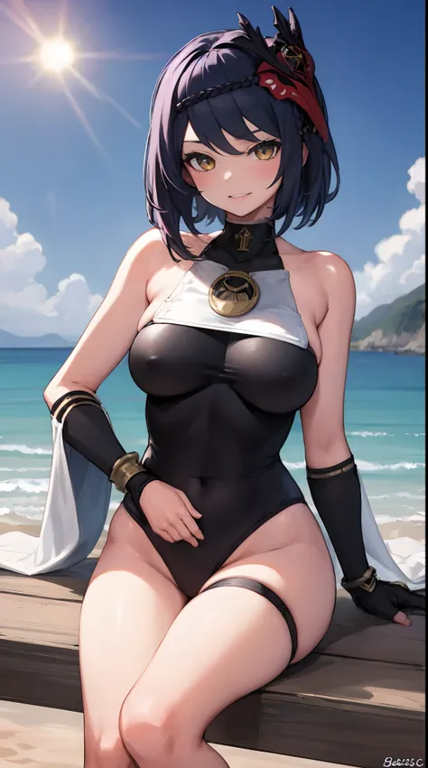 Kujou Sara| genshin impact, master-piece, bestquality, 1girls,25 years old, proportional body, proportional., Water set, Fabric swimwear, , ,bara, Beautiful sea, The sky is beautiful, View viewers from the front.,Sitting on the beach, Thigh strap, Head til...