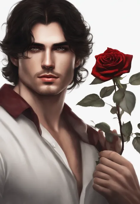 Man holding white rose that was blood dripping from it. He has dark hair and red eyes and the background is white. Realistic