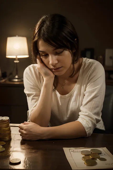 Generate a highly realistic image of a man sitting at a table counting coins with a sad and worried expression. She is in a low-light environment, but with a good reflection on her face. The context of his life is one of debt and he is looking for solution...