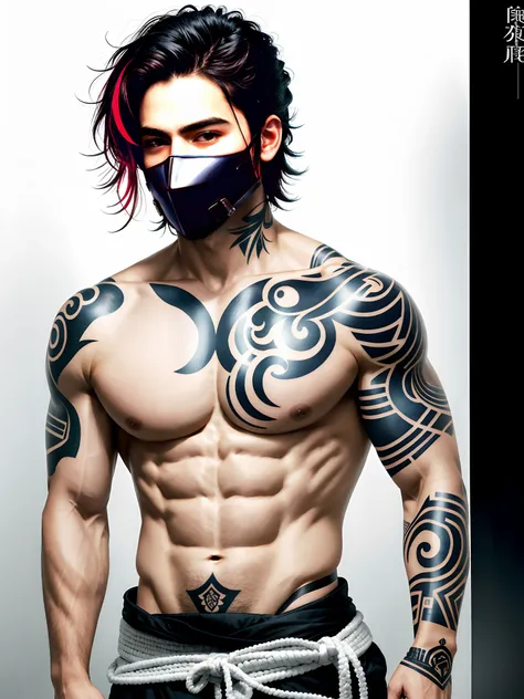 A person wears a face shield（Para cobrir seu rosto），Handsome，rogue，Sense of oppression，Full body photo，Dont take a headshot，Ronin samurai hairstyle，short detailed hair，Hair color is white，Upper body nudity，Tattooed with，Muscular，rule 34