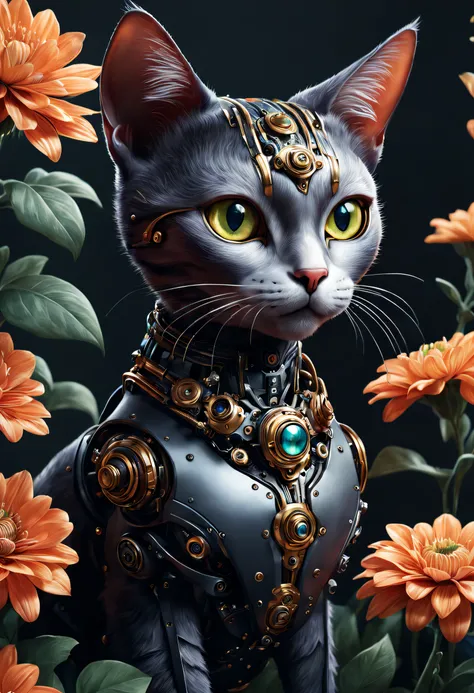 Mechanical cats，photorealestic，anthropomorphic cat，Role setting，Ultra-detailed graphics，Delicate face，8K，MagazineCover，Flower background decoration，intense color contrast，The color is dark