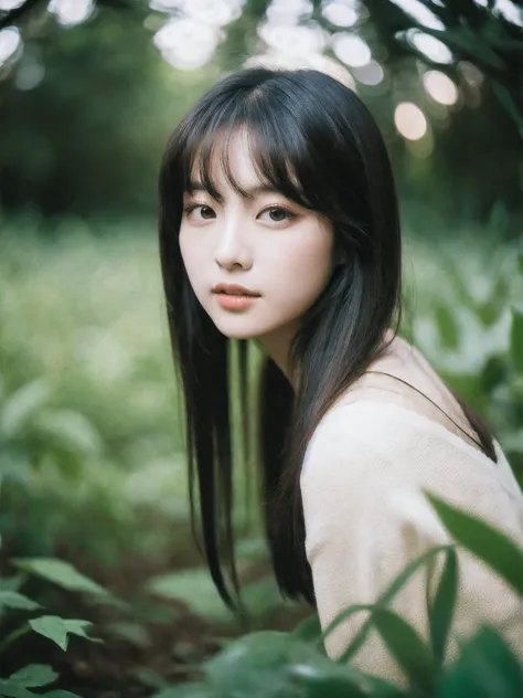 Photo of a hyperdetailed, Beautiful Korean kpop idol Woman, [jungle|field], Stars in the sky, soft focus, dmt, film grain, Canon RF, F/2.8