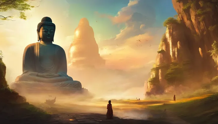 Giant Buddha statue in the distance, stone, Texture, Tall, Majestic, The background is illuminated by sunlight，inverted image，Lateral face，Pilgrims on the road