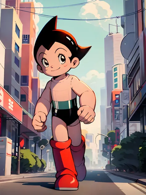 astro boy walking down city street, looking at viewer, smiling, red boots