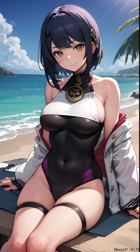 Kujou Sara| genshin impact, master-piece, bestquality, 1girls,25 years old, proportional body, proportional., Water set, Fabric swimwear, , ,bara, Beautiful sea, The sky is beautiful, View viewers from the front.,Sitting on the beach, Thigh strap, Head til...